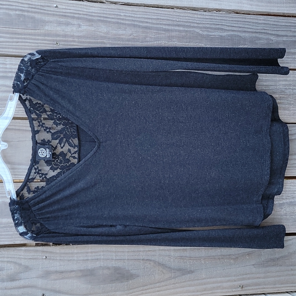 Black Long Sleeved Blouse with Lace Panel